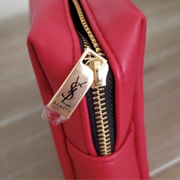 Yves Saint Laurent YSL Beaute Red Leather Embellished Cosmetic Pouch Travel Bag - Picture 8 of 11